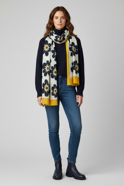 YELLOW AND NAVY BLUE ART SOFT SCARF