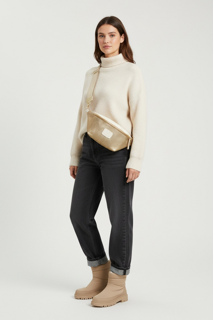 XL GOLD AND VANILLA LEATHER STATMENT BELT BAG