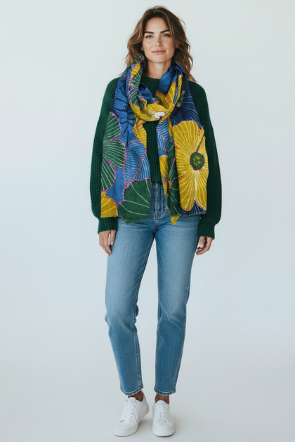 BLUE JEAN ART FLOWER SOFT SCARF