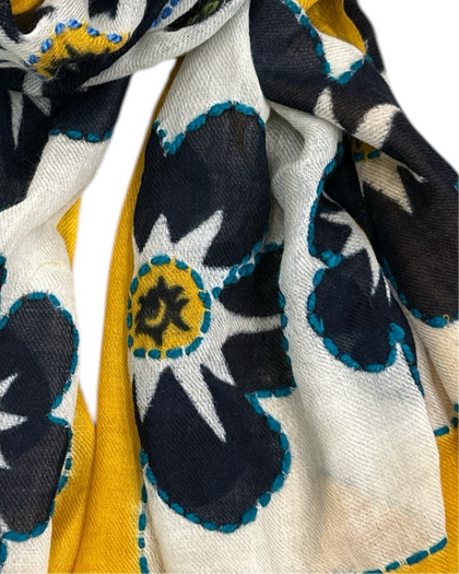 YELLOW AND NAVY BLUE ART SOFT SCARF