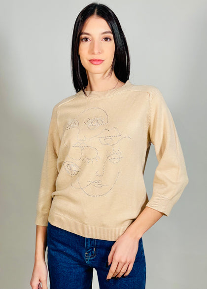 SWEET BEIGE TOP WITH ART STICHES