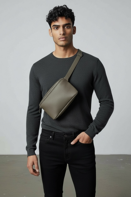 Grey unisex minimal leather belt bag