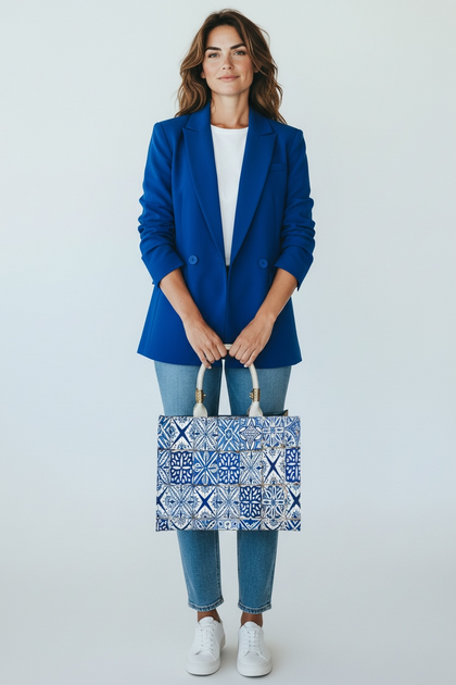 Felice. Blue art double face leather tote bag