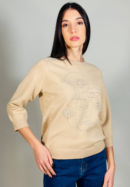 SWEET BEIGE TOP WITH ART STICHES