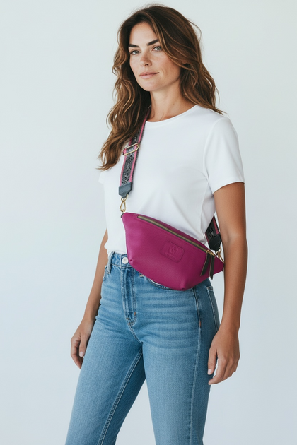 Strong pink leather belt bag with grey details