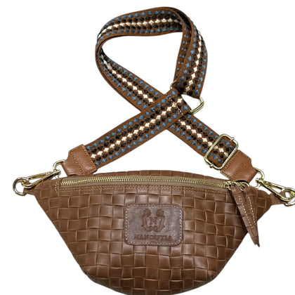 MINI. CARAMEL WOVEN-PRINT LEATHER BELT BAG