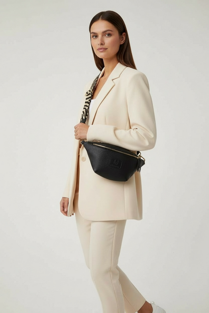 REGURAL.BLACK SOFT LEATHER BELT BAG WITH ZEBRA-STRAP