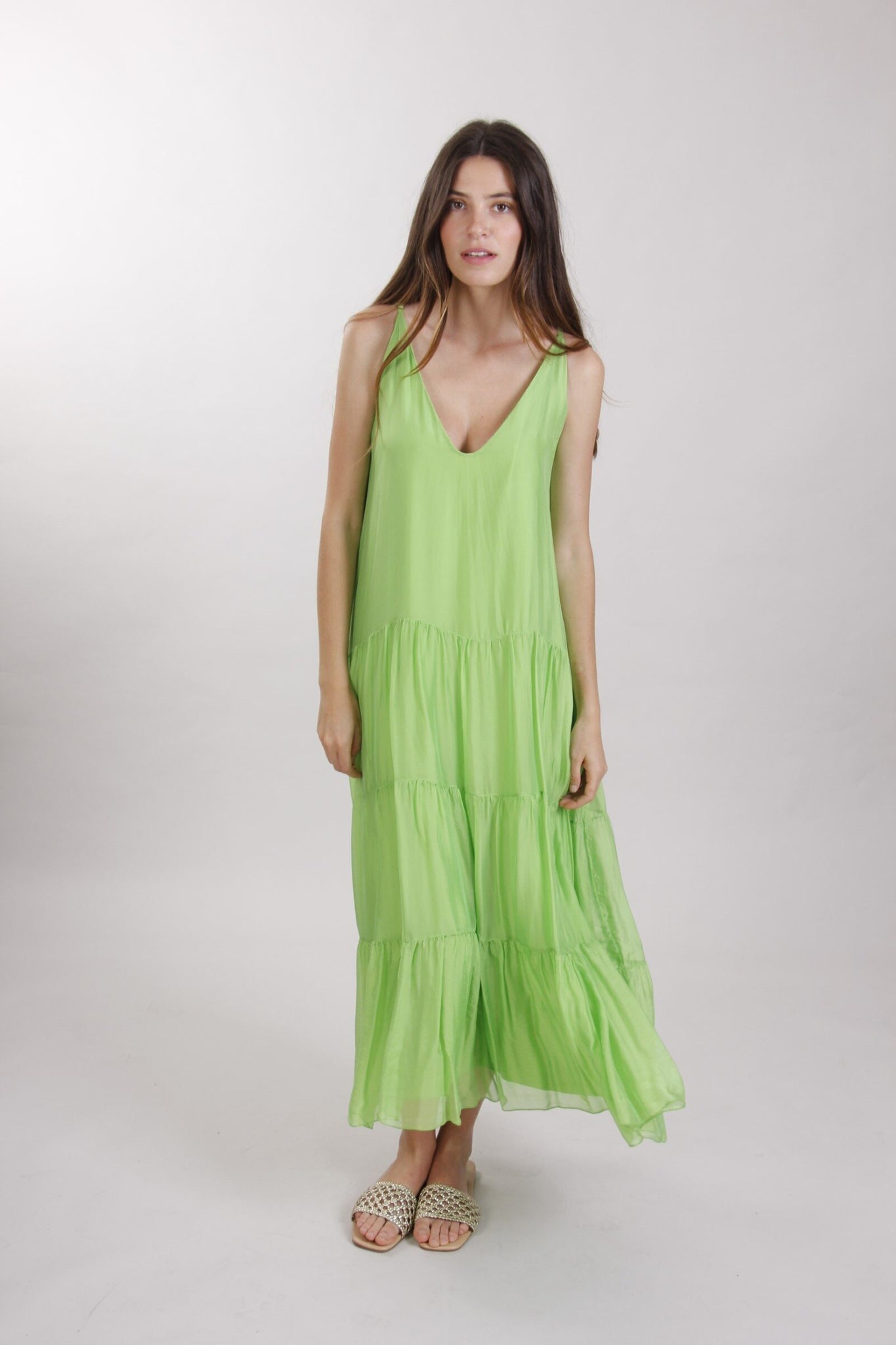 Lime lovely evening dress with silk
