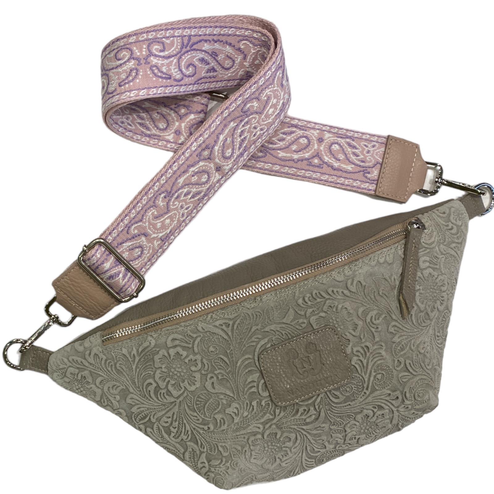 Grey 3d flowers leather belt bag with two straps