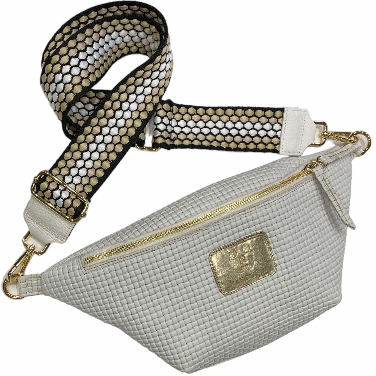 Ice-white woven-print leather belt bag