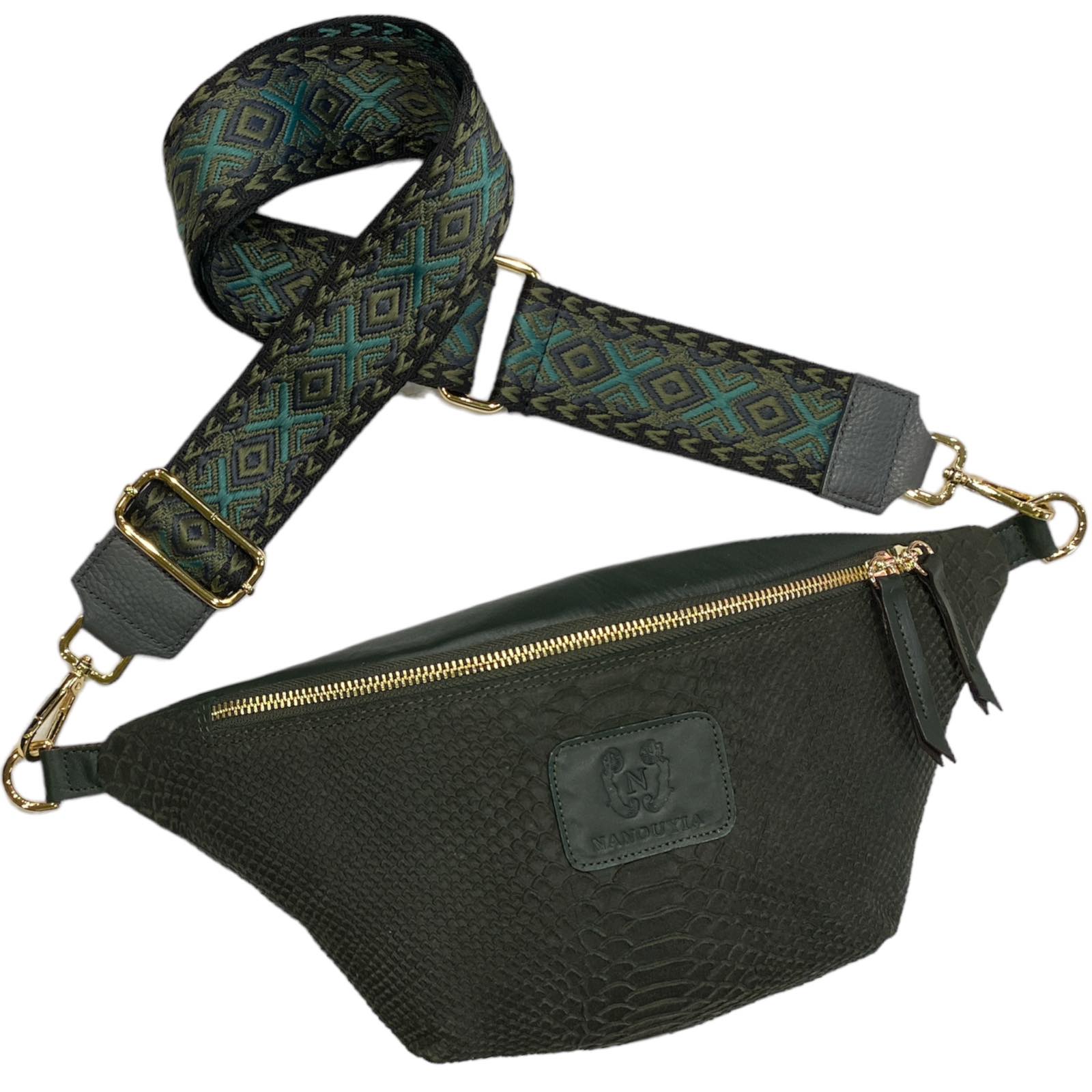 Forest green anaconda-print leather belt bag