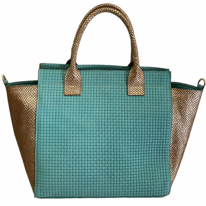 Gina large. Turquoise woven-print leather tote bag