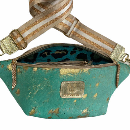 XXL turquoise and gold vintage calf-hair leather belt bag