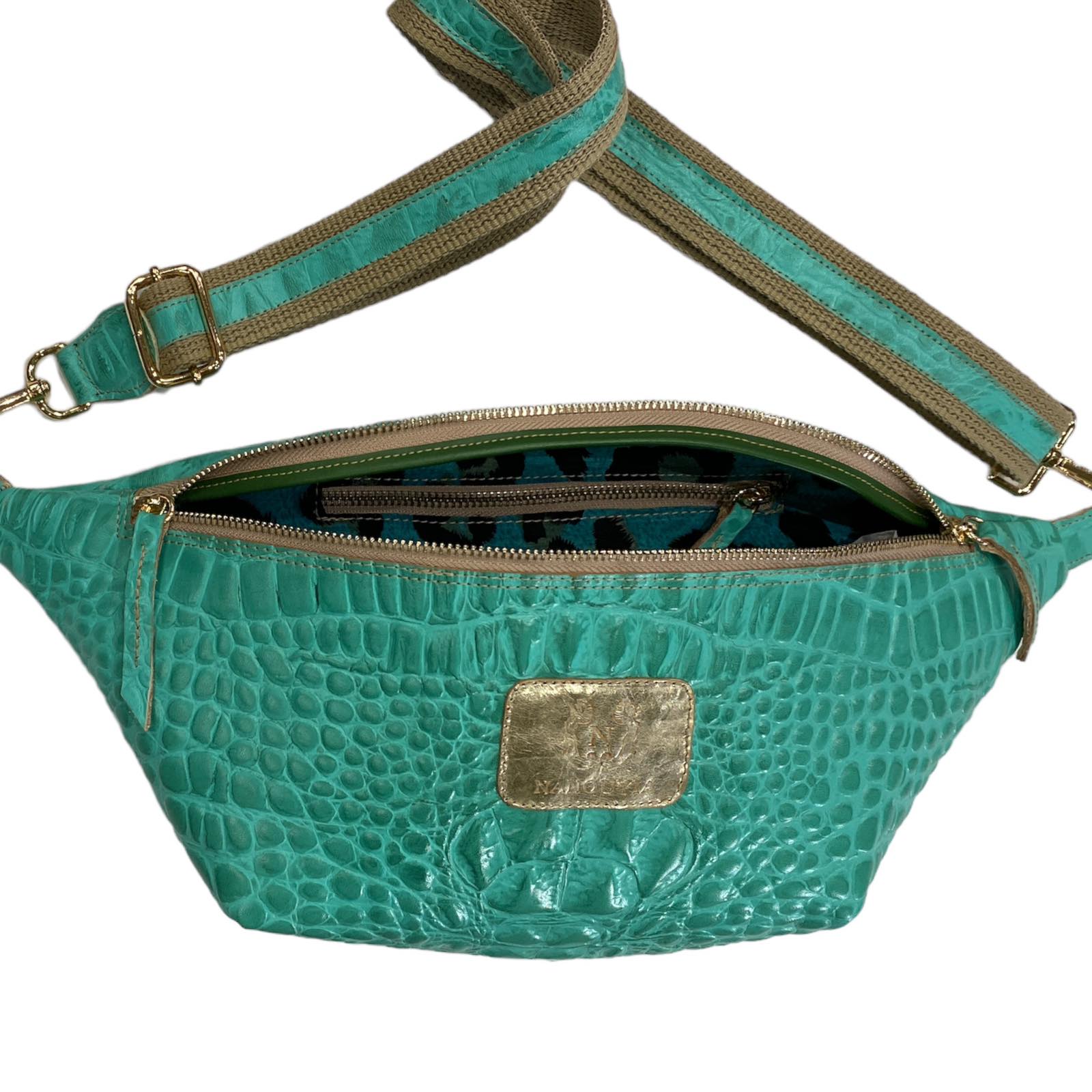 XL turquoise alligator-print leather belt bag