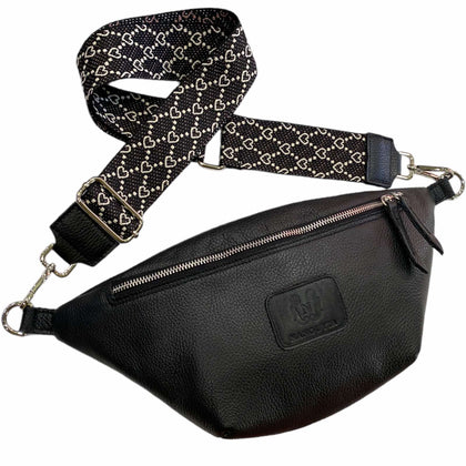 Black leather belt bag with silver metals