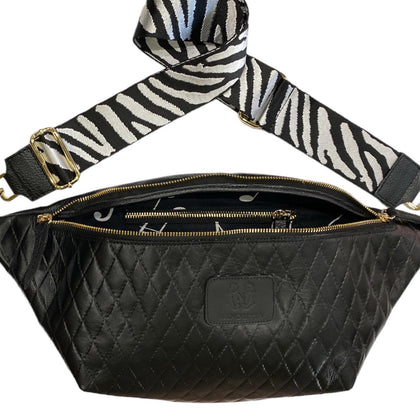 XXL black quilted leather belt bag with chic strap