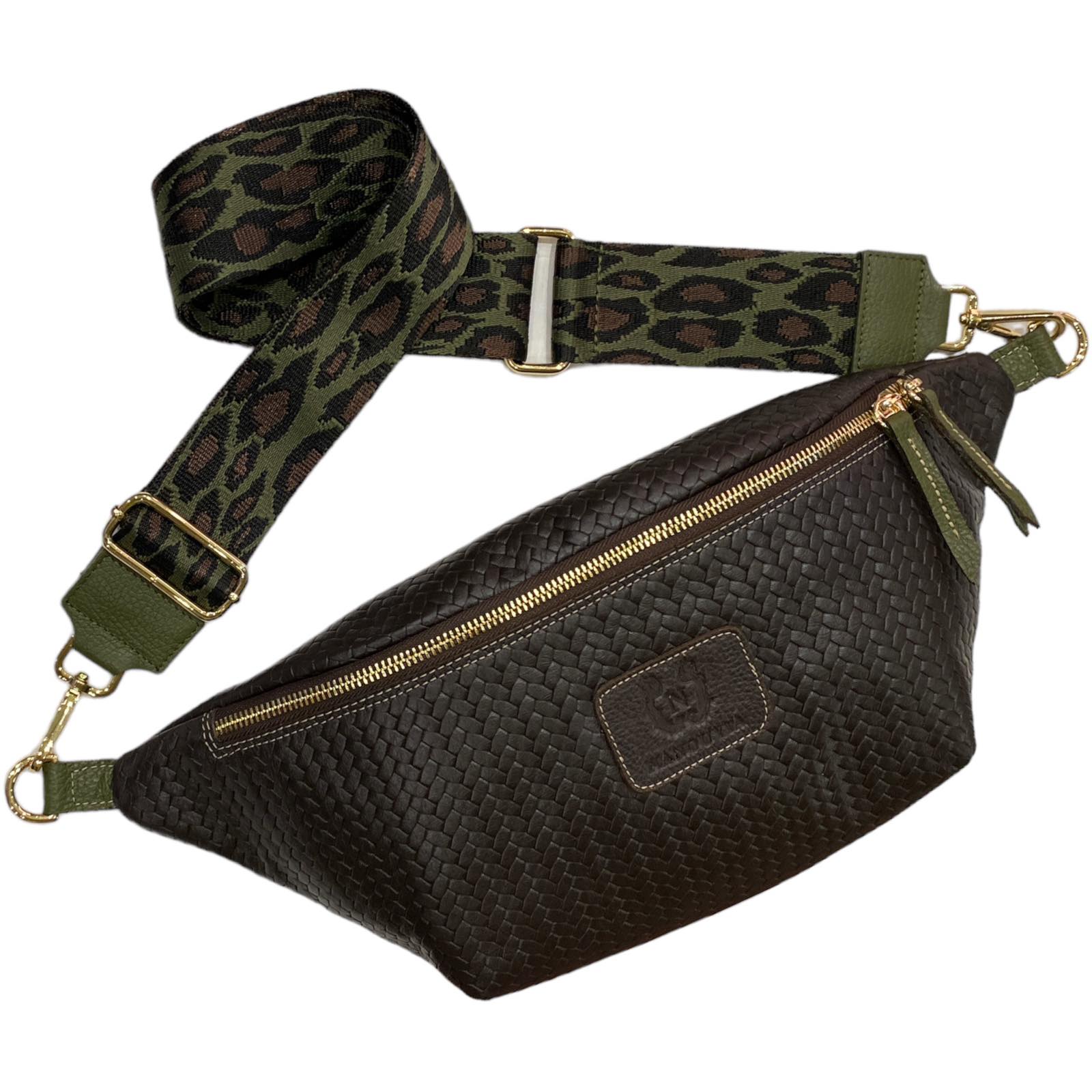 XL brown leather belt bag with olive green details