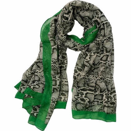 Grey snake-print scarf with green details