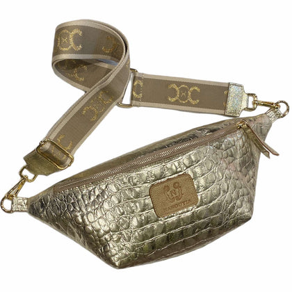 XL gold alligator-ptint leather belt bag