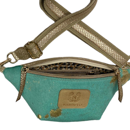 Mini turquoise and gold vintage calf-hair leather belt bag