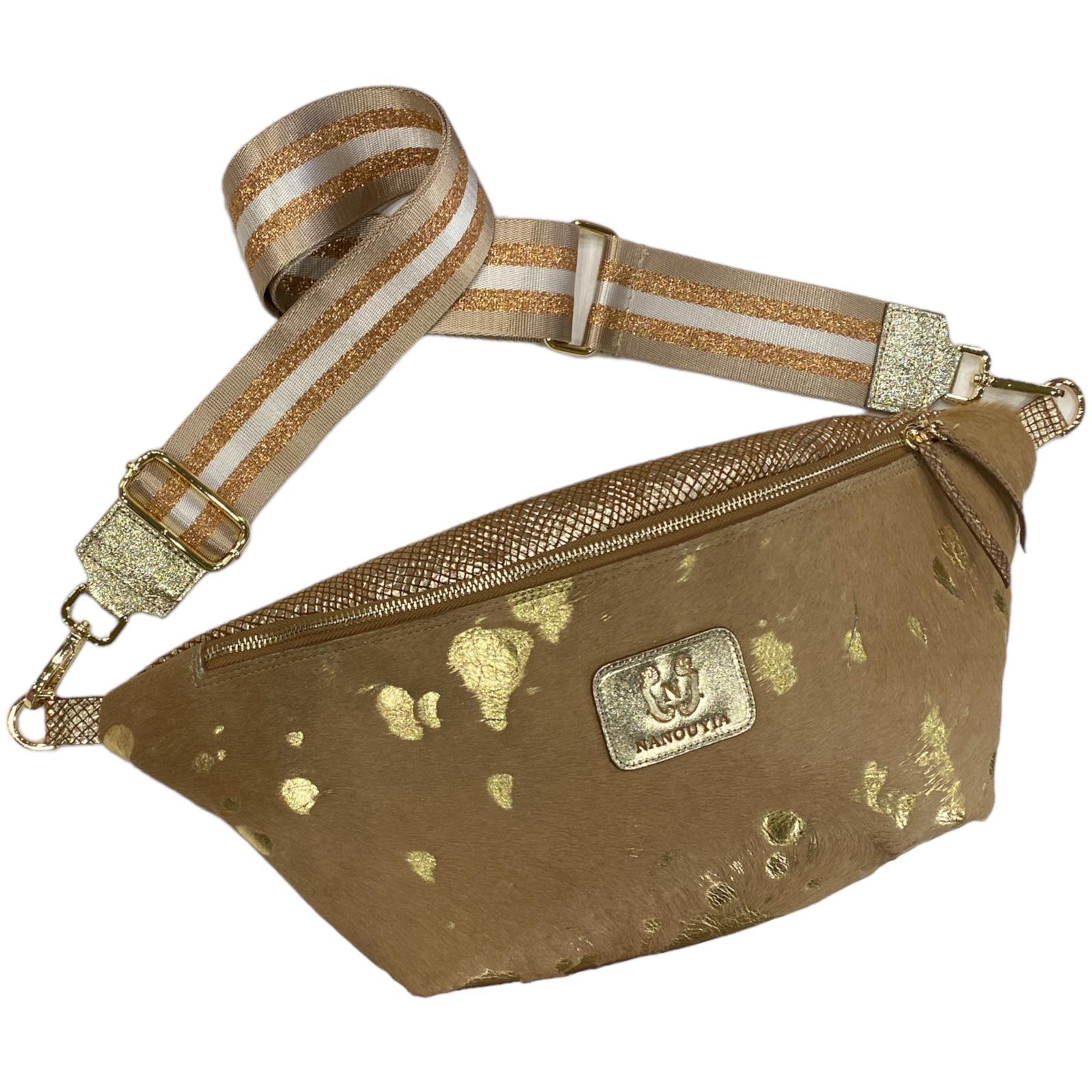 XXL beige and gold vintage calf-hair leather belt bag