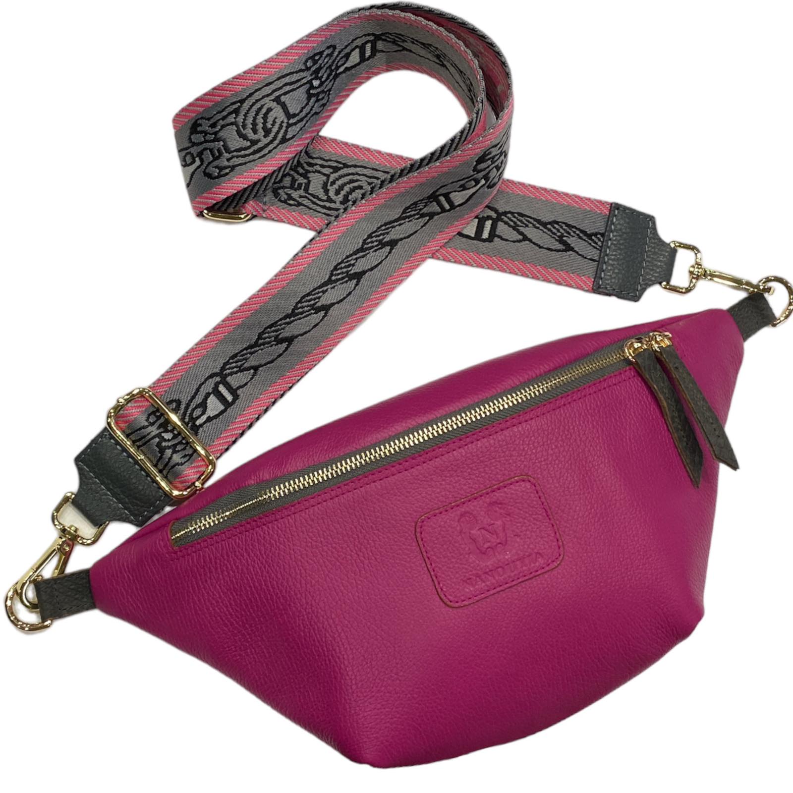 Strong pink leather belt bag with grey details