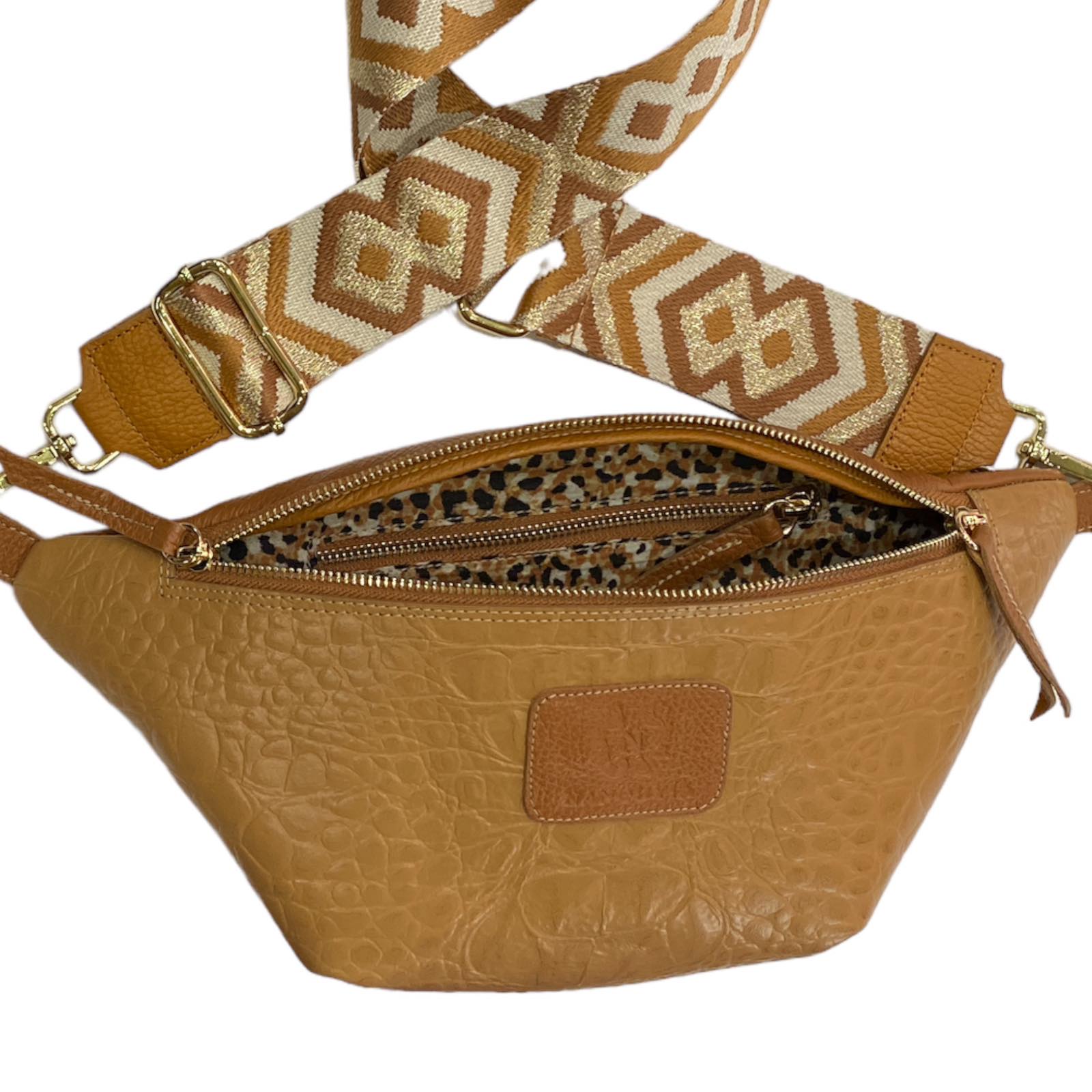 Camel alligator-print leather belt bag with boho strap