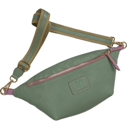 XL sage green leather belt bag with lilac details