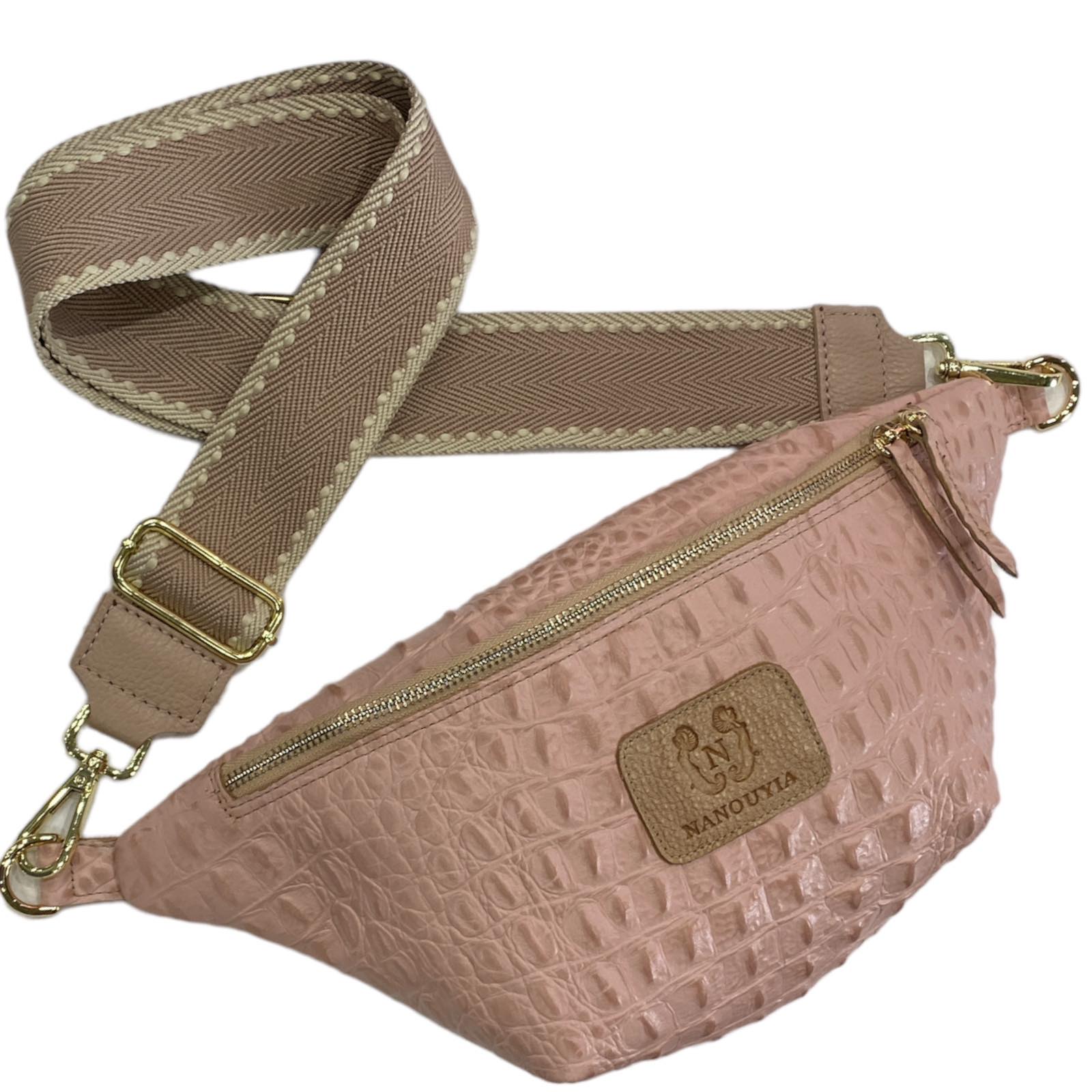 Pink alligator-print leather belt bag