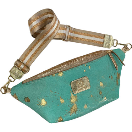 XXL turquoise and gold vintage calf-hair leather belt bag