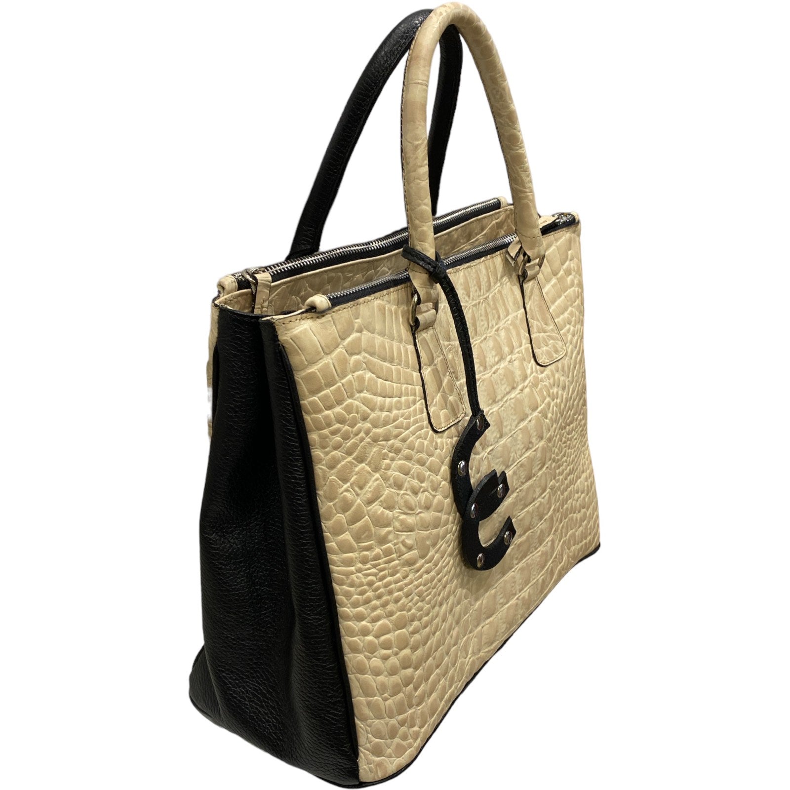 Diana M. Beige and black leather tote bag