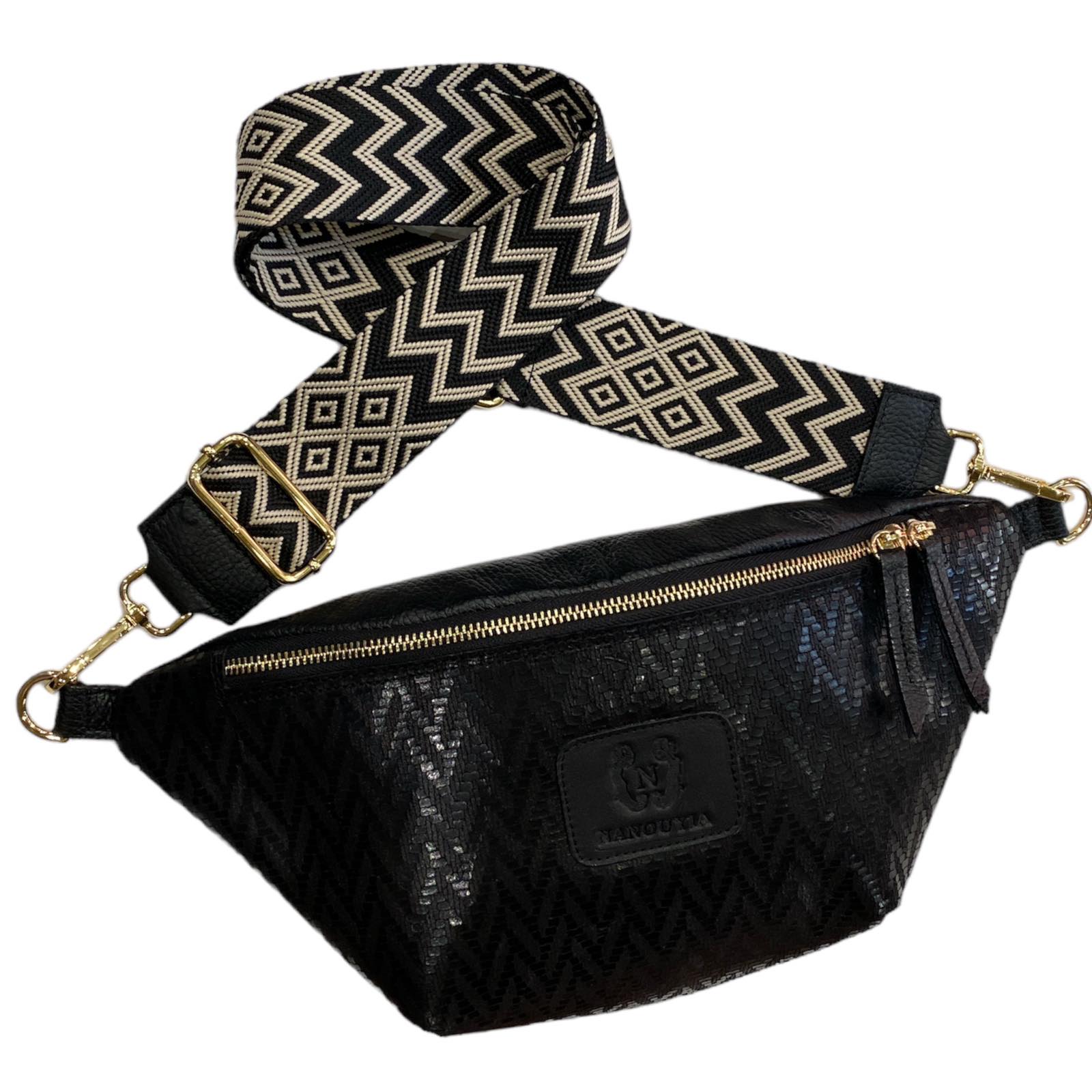 Black geometric leather belt bag