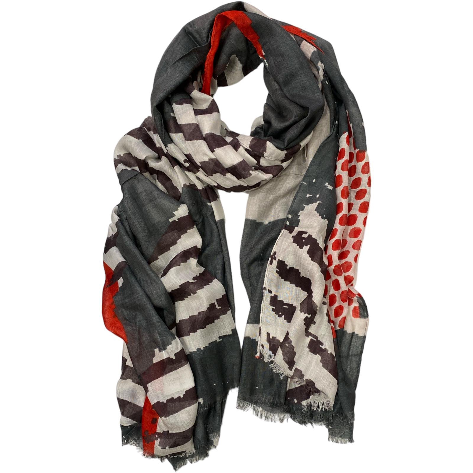 Art scarf with red and grey details