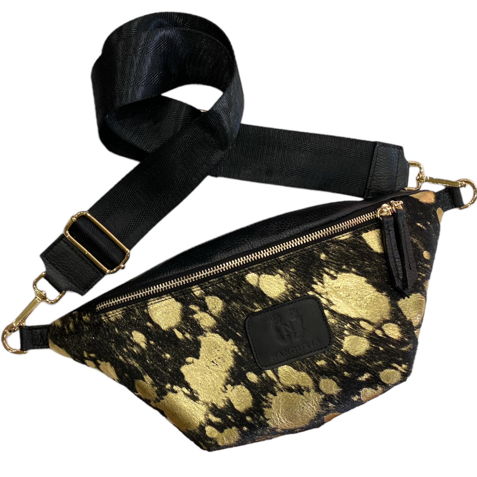 Black and gold vintage calf-hair leather belt bag