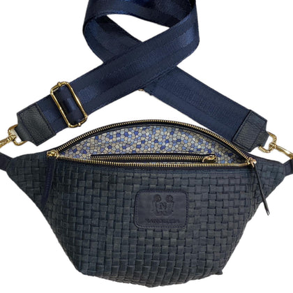 Dark blue woven-print leather belt bag