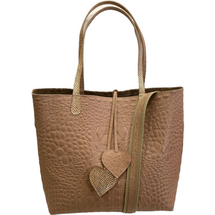 Hearts. Nude alligator-print leather shoulder bag