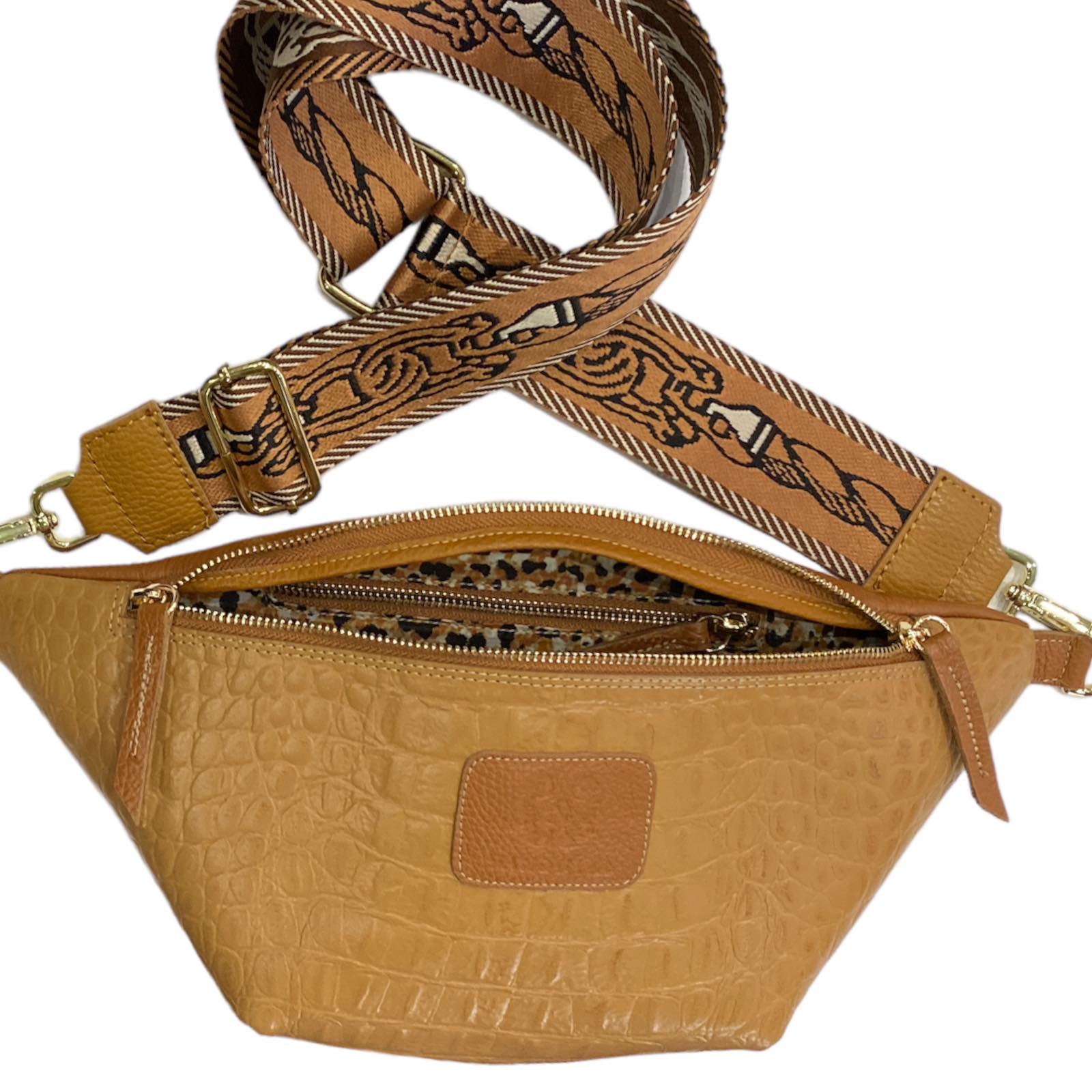 Camel alligator-print leather belt bag with taba strap