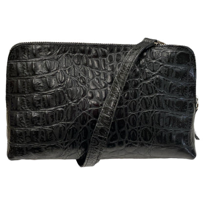 Box XL. Black alligator-print leather messenger bag with silver metals
