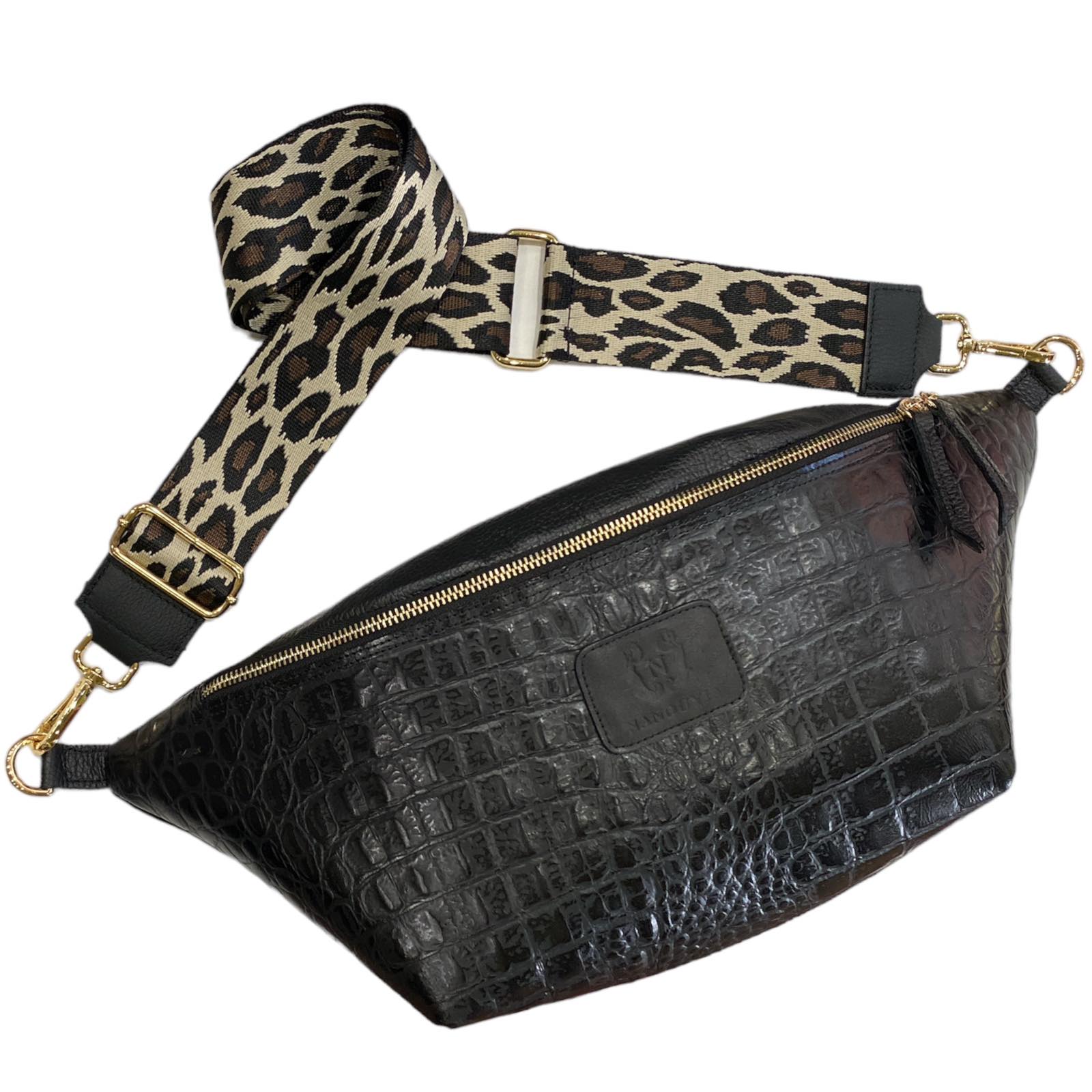 XXL black alligator-print leather belt bag with animal-print strap