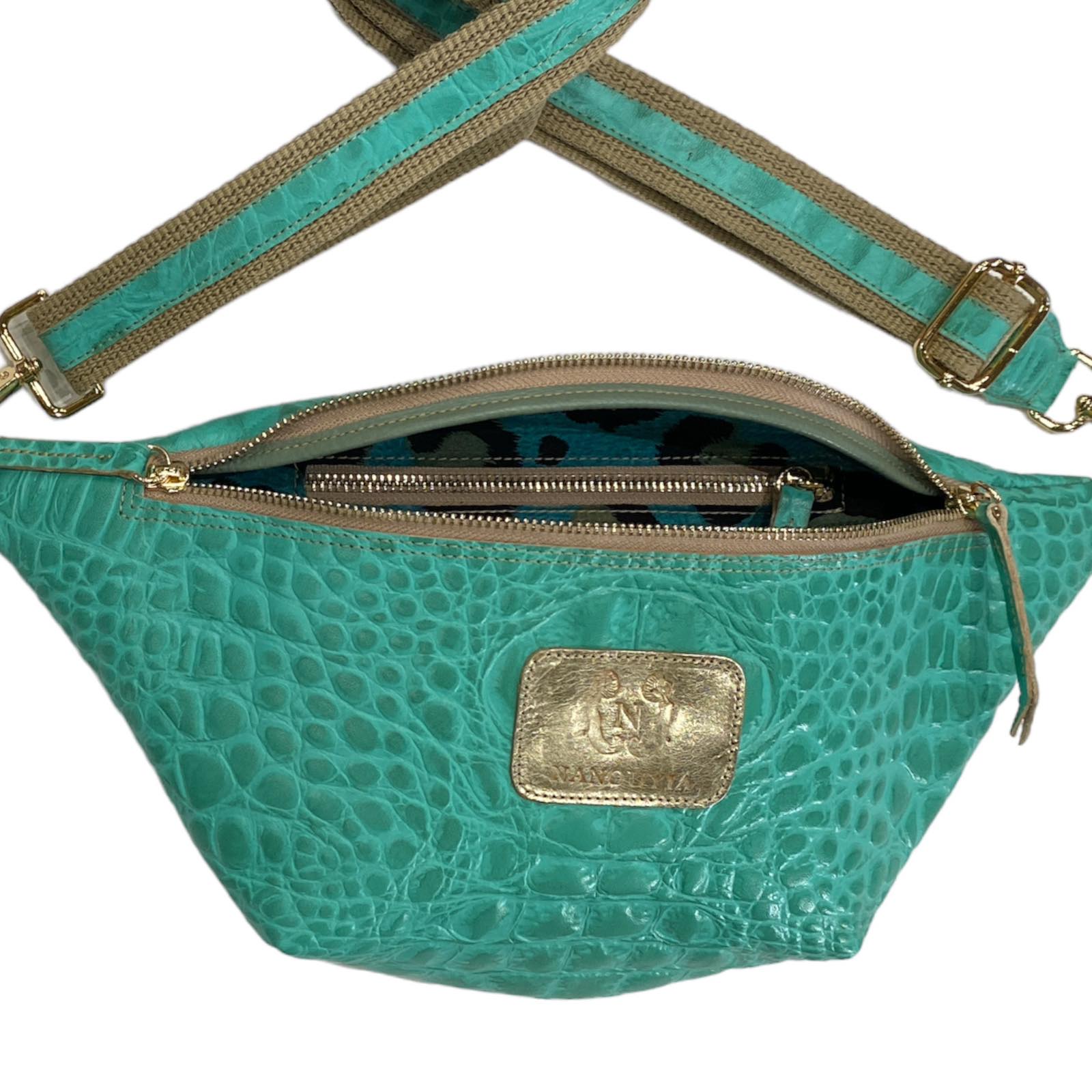 Turquoise alligator-print leather belt bag
