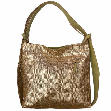 Alice. Avocado and gold shoulder bag and backpack