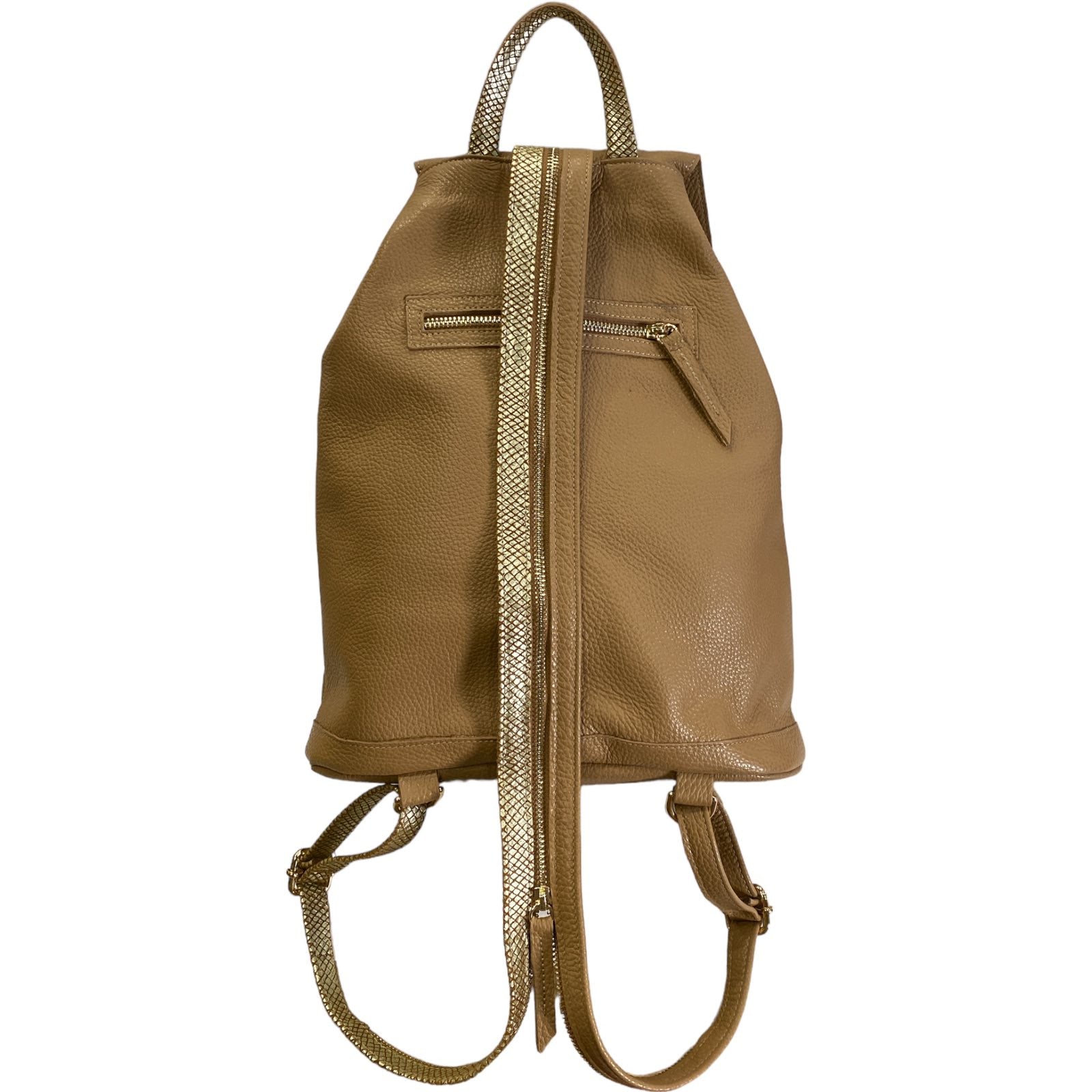 Travelling. Beige leather backpack with vintage calf-hair details