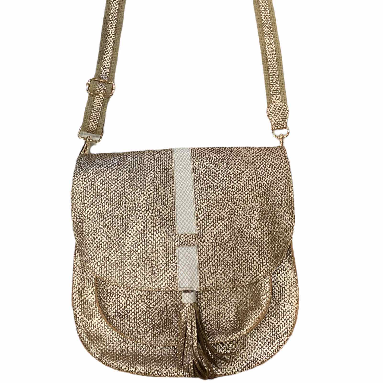 Lara L. Gold leather messenger bag with white details