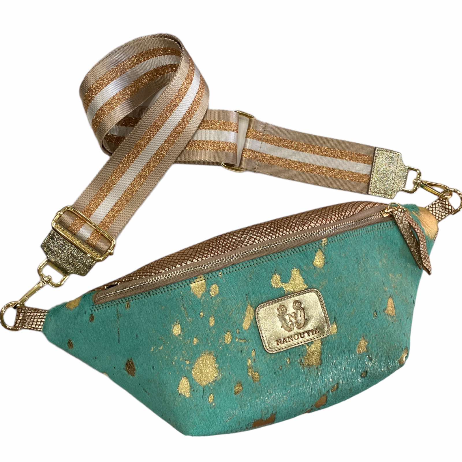 XL turquoise and gold vintage calf-hair leather belt bag