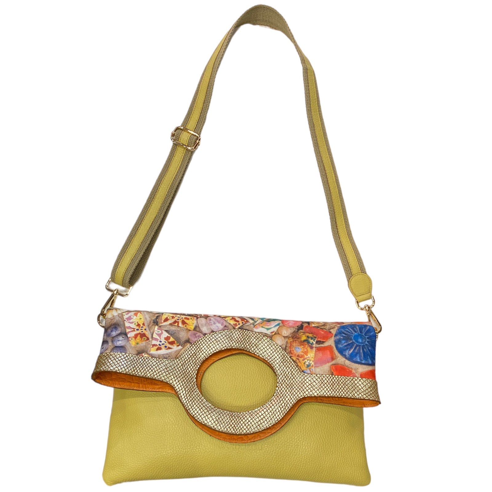Circle flat. Art stones and yellow leather messenger bag