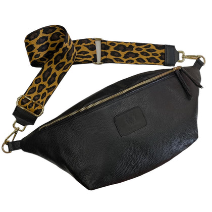 XXL black leather belt bag with taba strap
