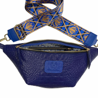 Royal blue alligator-print leather belt bag with bees strap