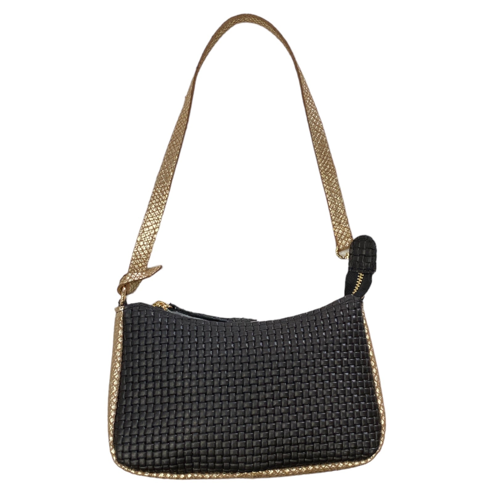 Natalie Small. Black woven-print and gold leather evening bag