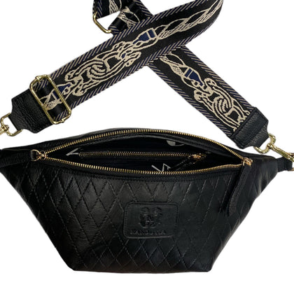 Black quilted leather belt bag with gold metals
