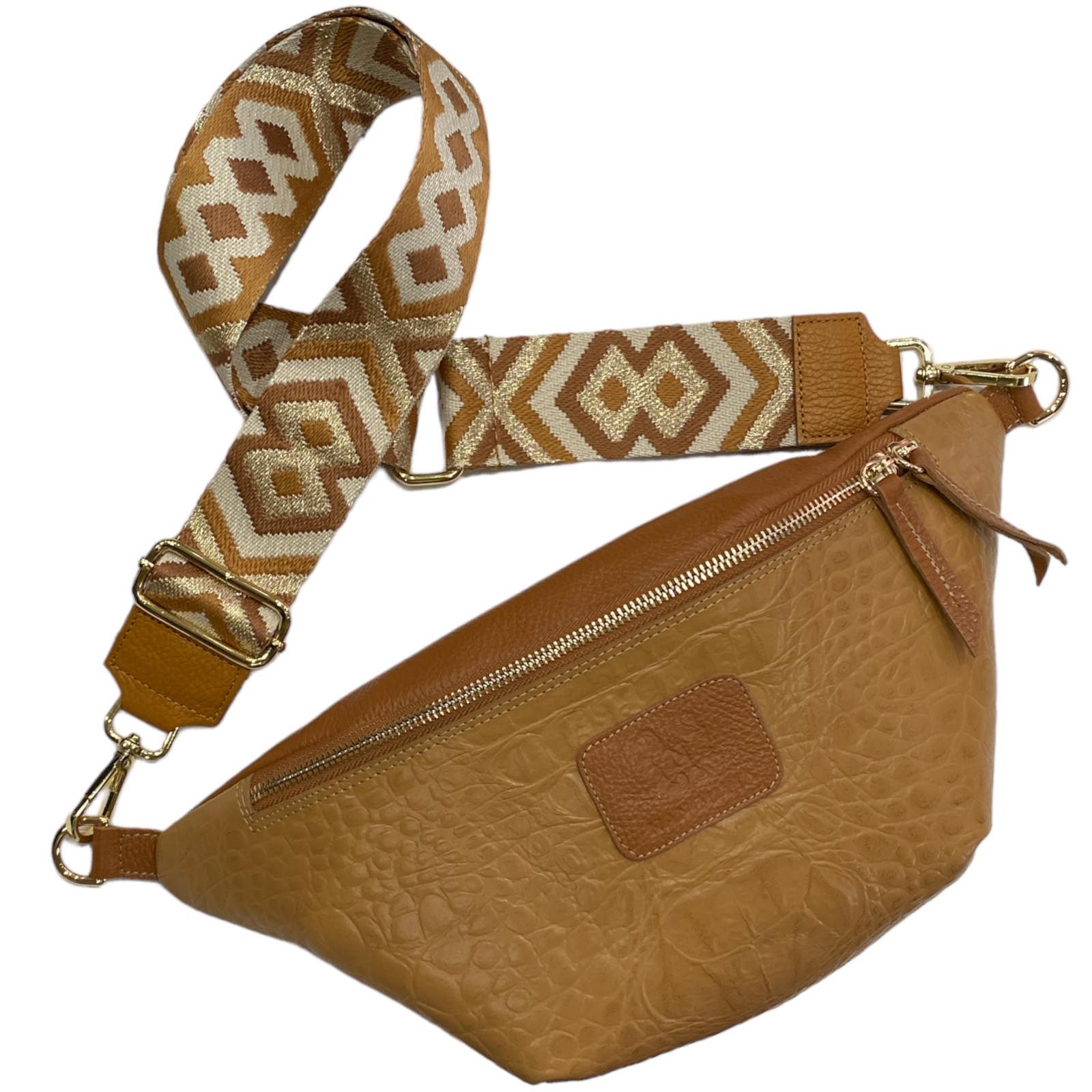 Camel alligator-print leather belt bag with boho strap
